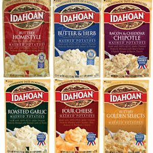 Idahoan Flavored Mashed Potatoes, Variety Bundle, 4 oz (Pack of 6) includes Butter & Herb Mashed + Bacon & Cheddar Chipotle + Four Cheese + Roasted Garlic + Buttery Golden Selects + Buttery Homestyle