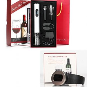 Rechargeable Electric Wine Bottle Opener Wine Accessories Gift Set and Wine Bottle Thermometer Bundle by Main + Oak (Silver)